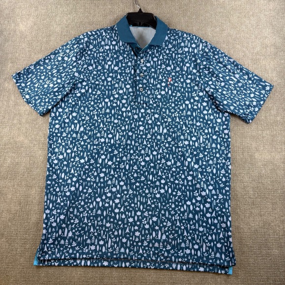 Greyson Other - Greyson Mens Teal Blue Botanical Leaf Print Golf Polo Shirt Flag Logo size L